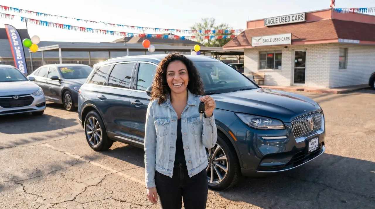 A buyer holding up the keys beside her new SUV