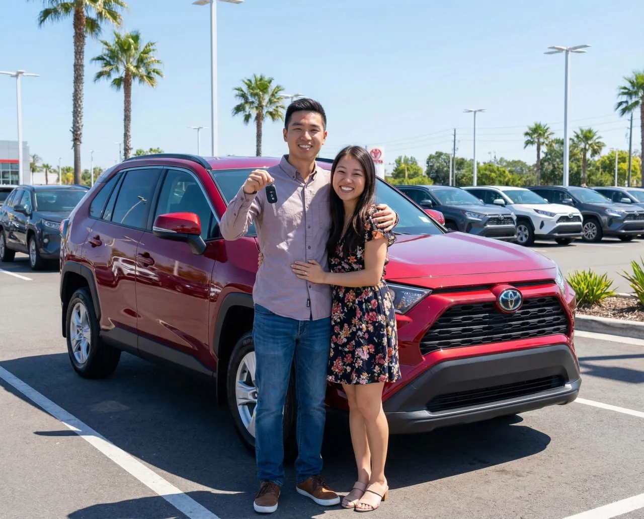 A couple holding their new keys on the lot